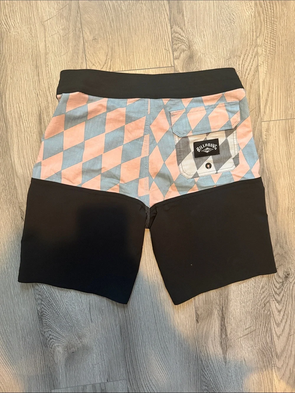 Billabong Black Swim Trunks with Pink & Light Blue Diamond Waist